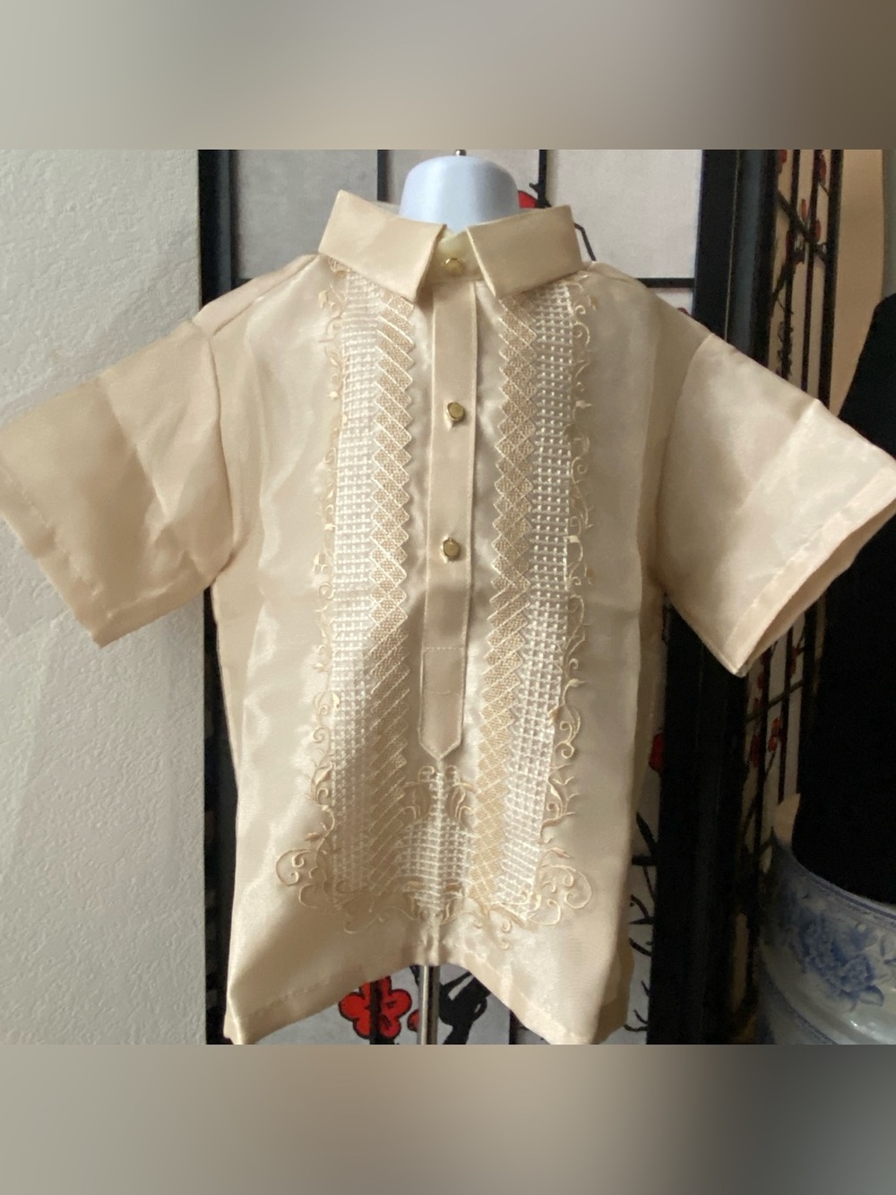 Boys' Size 10 Traditional Embroidered Barong Tagalog Dress Shirt - Mocha